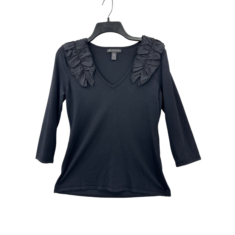 INC International Concepts Black Ruffle V Neck 3/4 Sleeve Knit Top Small